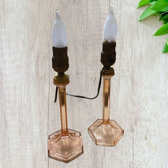 Pink Depression Glass Stick Lamps Hexagonal Base 2 - Picture 1 of 10